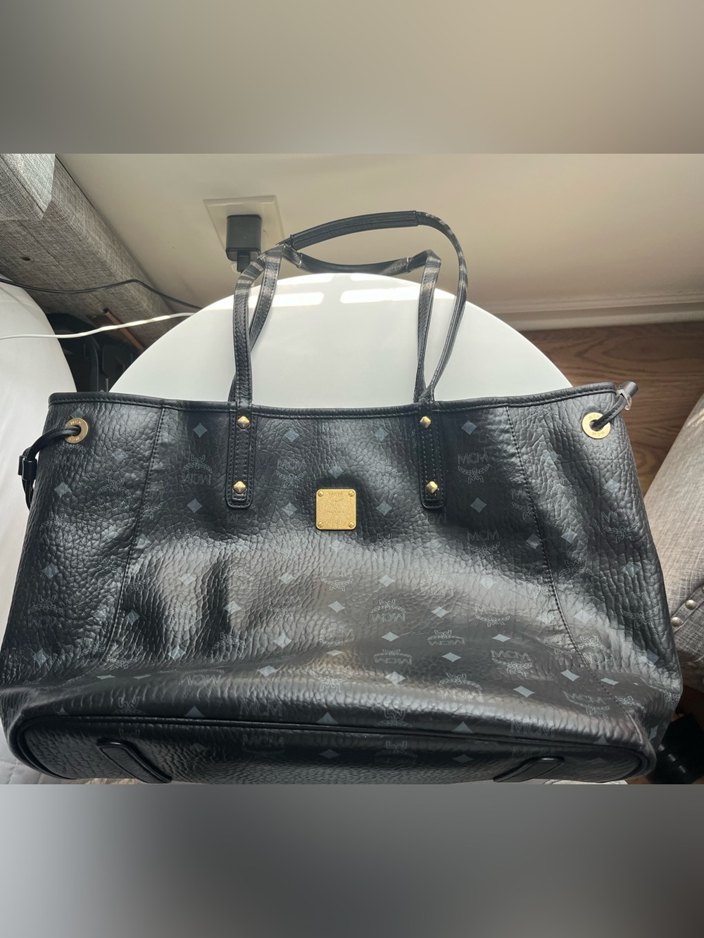 Black Logo-Embossed Leather Tote with Gold Plaque